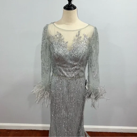 CINDERELLA DIVINE Fitted Long Glitter Evening Dress With Feathers Sleeves - Picture 8 of 16